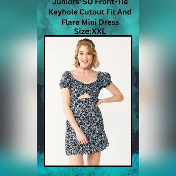 Juniors' SO Front-Tie Keyhole Cutout Fit & Flare Floral Mini Dress - Size XXL - Picture 2 of 11